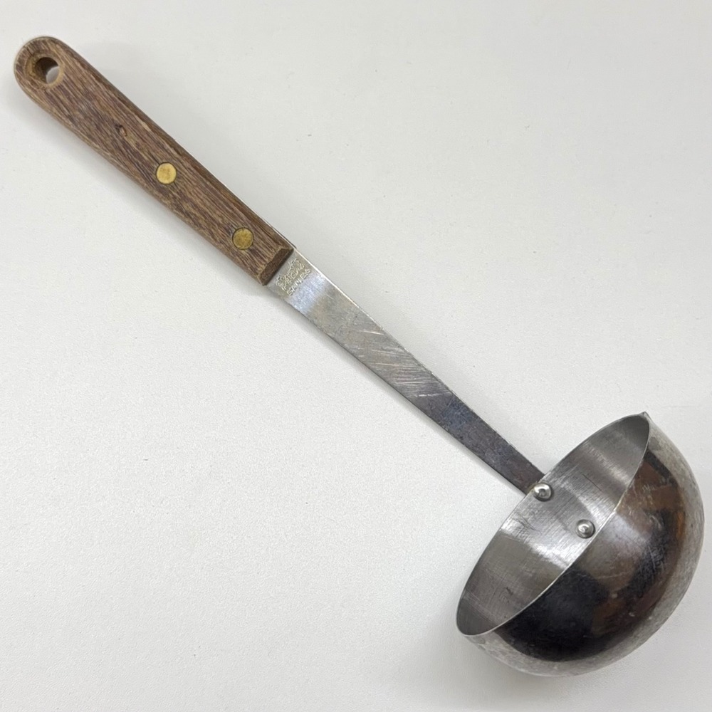Regent Sheffield Stainless Gravy Ladle Wood Handle Dual Spout Vintage 10Inch MCM